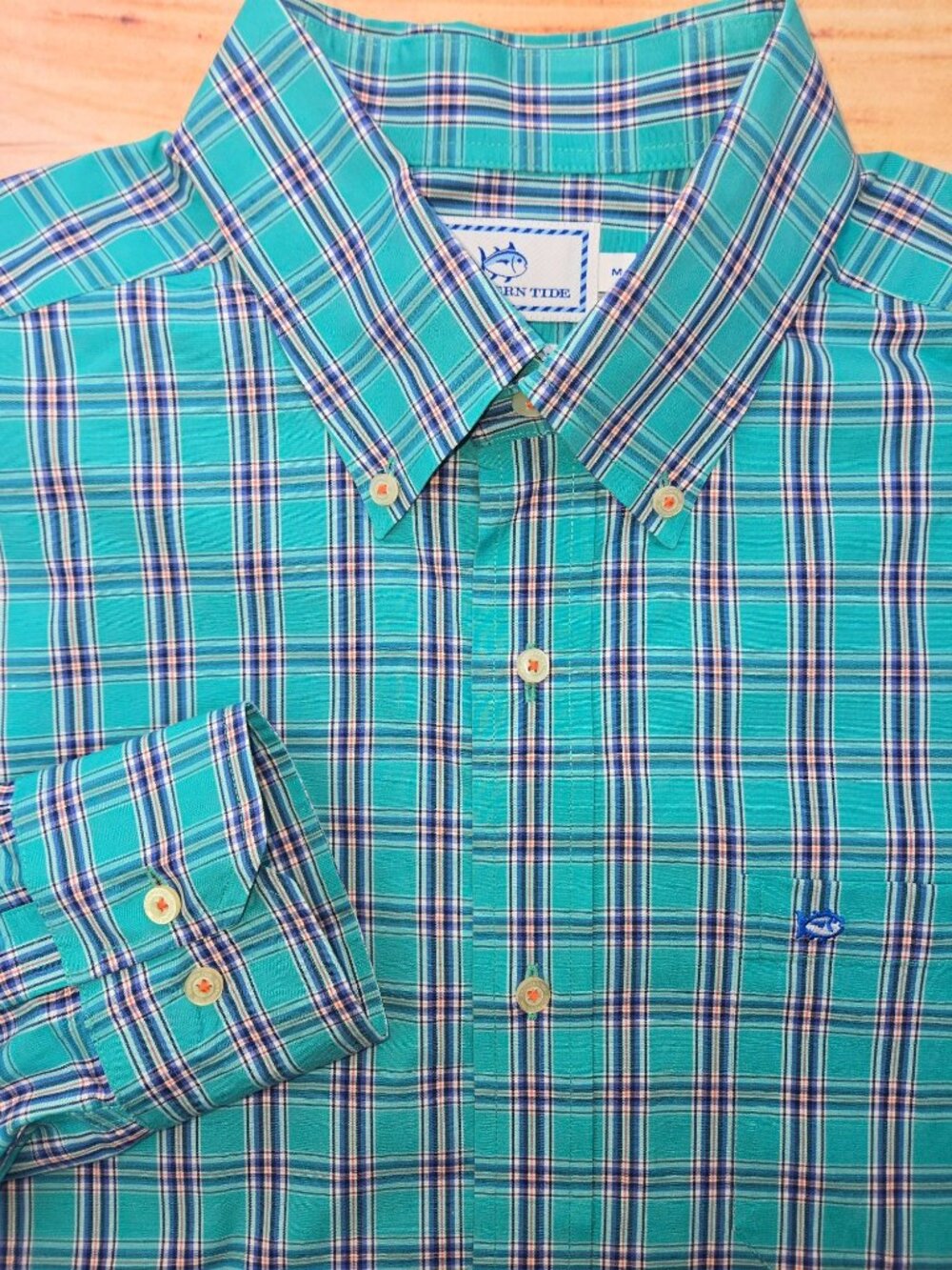 Southern Tide Mens Classic Fit Teal Plaid Shirt Medium